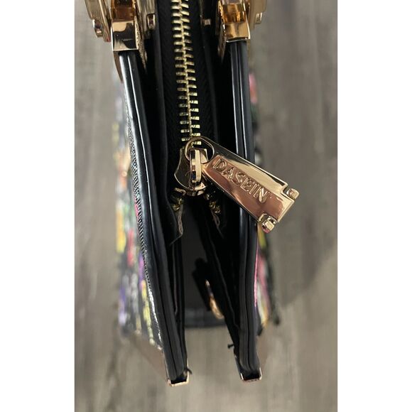 Dasein Black Floral Structured Satchel Tote Purse Gold Hardware Handbag - Picture 6 of 9